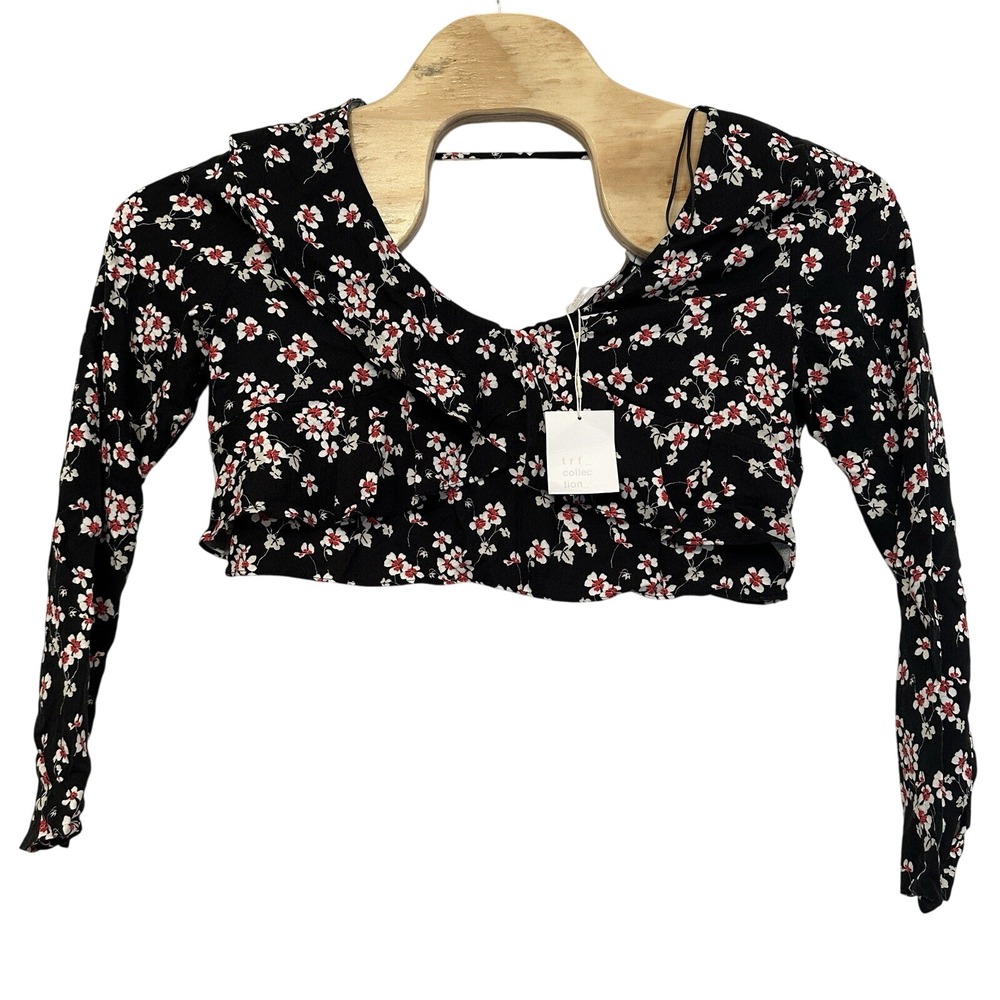 ZARA Trafaluc Womens Size Large‎ Black Floral Long Sleeve Crop Top NWT